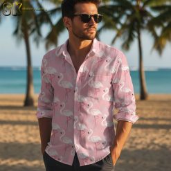 Multiple flamingo Hawaiian shirt designs displayed side by side showing various color themes and pattern options
