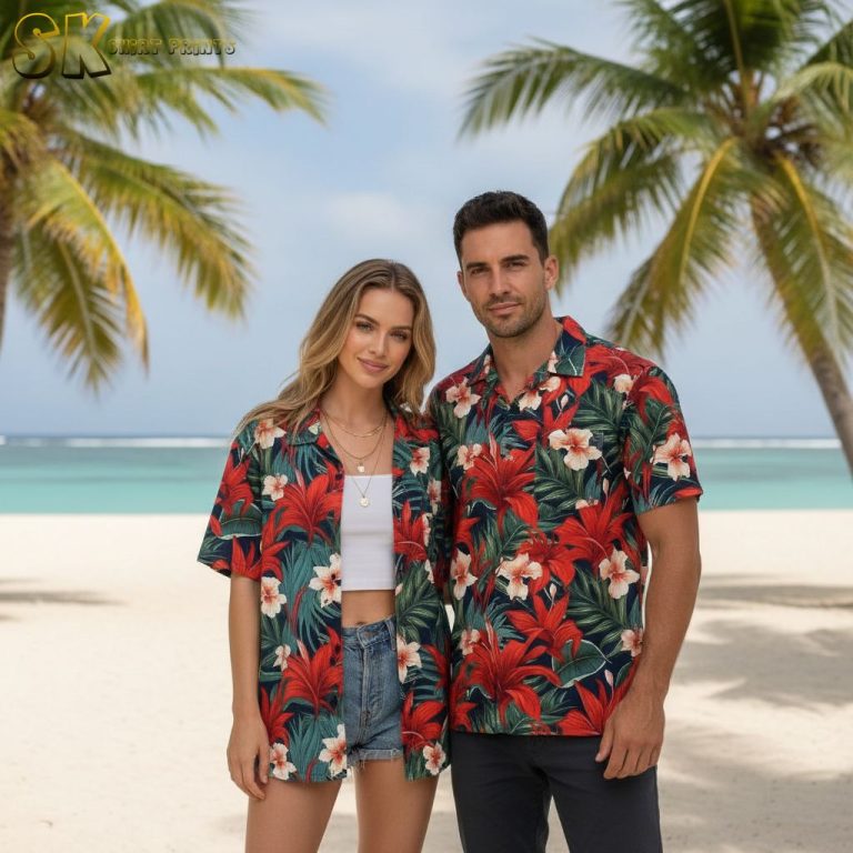 Black Tropical Floral Hawaiian Shirt Men, Pink Hibiscus Flower Print Aloha Button Down Beach Shirt Summer