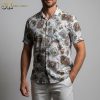 Man modeling comedic Hawaiian shirt with tropical motifs in lifestyle photo shoot
