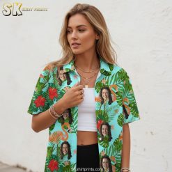 Detailed size chart infographic showing measurements and fabric details for funny Hawaiian shirt styles