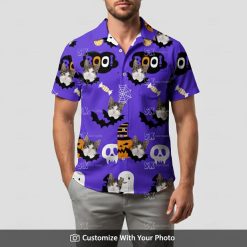 Man in purple personalized cat Hawaiian shirt with black pumpkin and ghost print