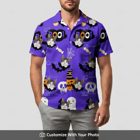 Man in purple personalized cat Hawaiian shirt with black pumpkin and ghost print