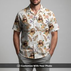 Man wearing Halloween Hawaiian shirt featuring ghosts, witch hats, and flowers
