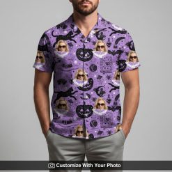 Men's fun Halloween Hawaiian shirt, purple and black with cat and pumpkin pattern