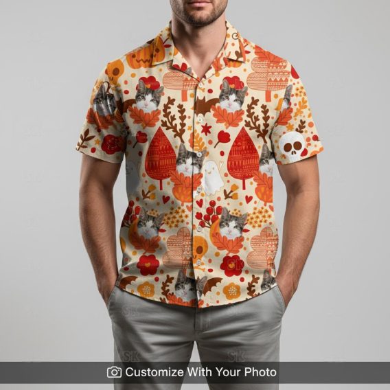 Man in Halloween Hawaiian shirt with cat, pumpkins, and red-beige autumn design