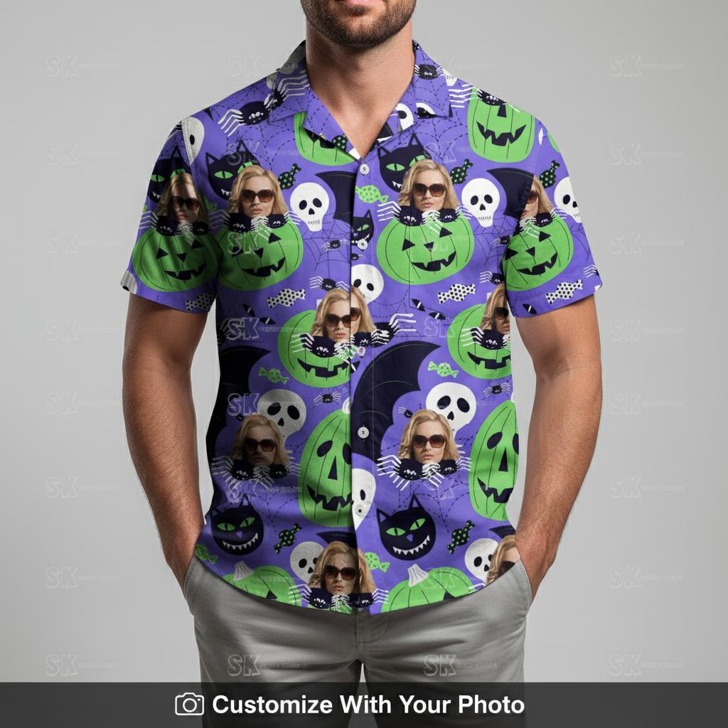 Man models Halloween Hawaiian shirt with purple, black, and green spooky designs