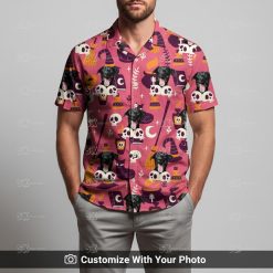 Man in customizable Halloween Hawaiian shirt with black dog and witchy pink accents