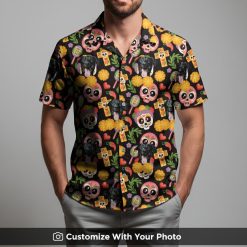 Man in Mens Halloween Hawaiian shirt with black dog, hearts, and colorful fall flowers