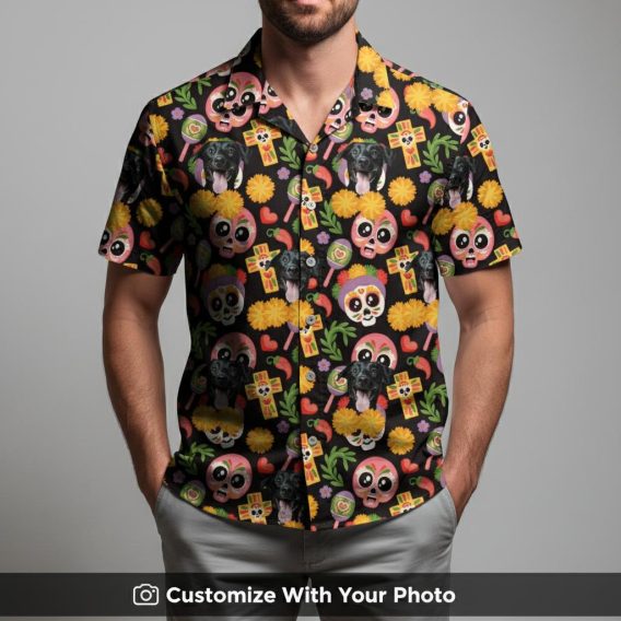 Man in Mens Halloween Hawaiian shirt with black dog, hearts, and colorful fall flowers