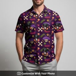 Man in Funny Halloween Tiki Shirt featuring black dog, skulls, and maracas