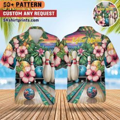 Male model wearing colorful tropical print Hawaiian bowling shirt in casual lifestyle setting