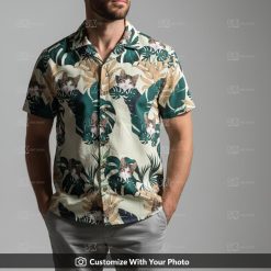 Man wearing Hawaiian shirt with custom cat print and green tropical leaf accents