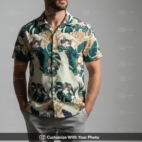 Man wearing Hawaiian shirt with custom cat print and green tropical leaf accents