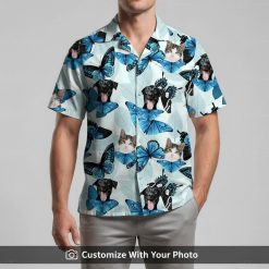 Man wearing Mens Hawaiian shirt with cats, dogs, blue butterflies, and custom face