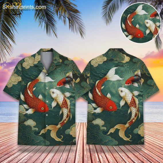 Hawaiian fishing shirts for men featuring red and white koi fish swimming in green tropical design