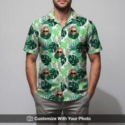 Man in tropical Hawaiian shirt with custom face and large green palm leaves print