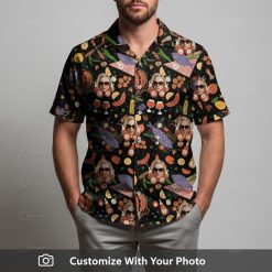 Man in trendy Hawaiian shirt with sunglasses face print and bright accent colors