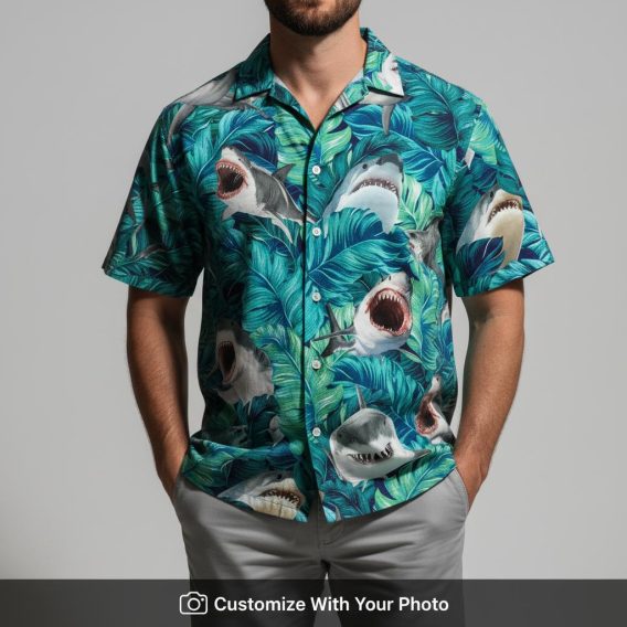 Man wearing shark Hawaiian shirt with blue and green tropical leaves on summer getaway