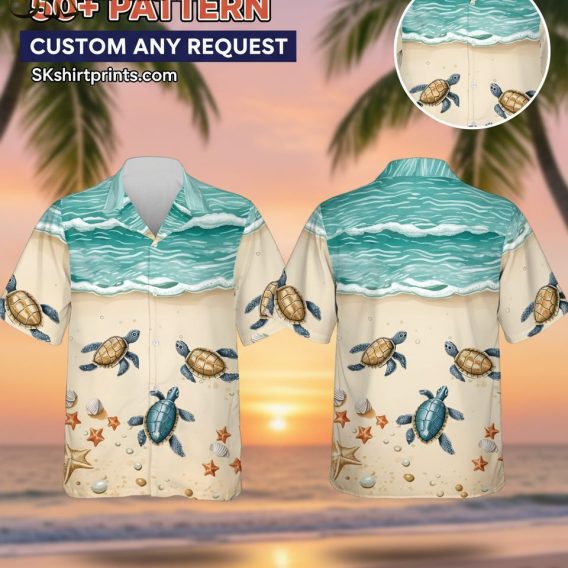 Male model wearing turtle Hawaiian shirt in casual lifestyle setting outdoors