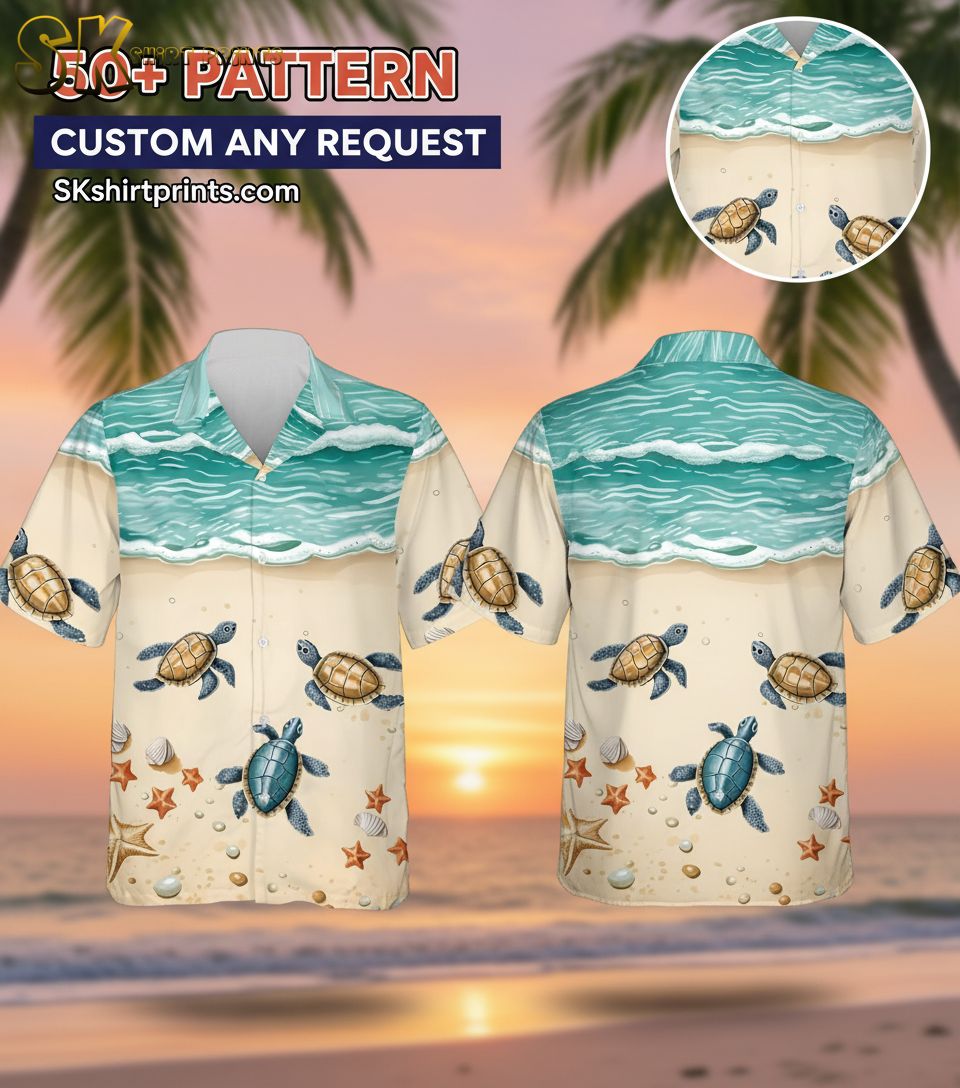 Male model wearing turtle Hawaiian shirt in casual lifestyle setting outdoors