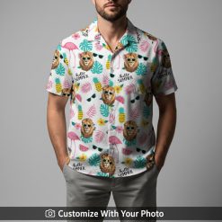 Man wearing Lion King Hawaiian shirt with white lion, sunglasses, and colorful leaves