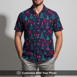 Man dressed in neon Christmas tree button up with bold purple and pink accents