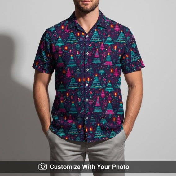 Man dressed in neon Christmas tree button up with bold purple and pink accents