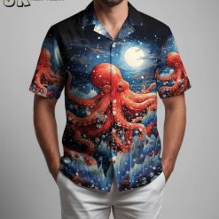 Male model in octopus button up shirt posed outdoors showing detailed sea animal print on Aloha shirt