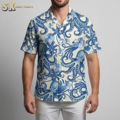 Male model in octopus button up shirt standing relaxed with nautical themed Aloha shirt design