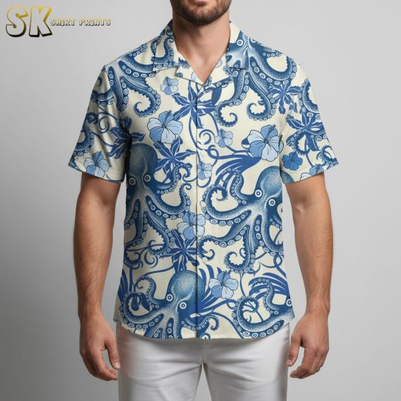 Male model in octopus button up shirt standing relaxed with nautical themed Aloha shirt design