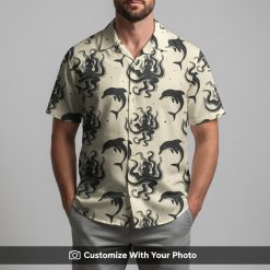 Man in octopus Hawaiian shirt featuring black ocean animals on creamy batik background