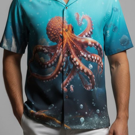 Male model posing in octopus print Aloha shirt during outdoor lifestyle photoshoot