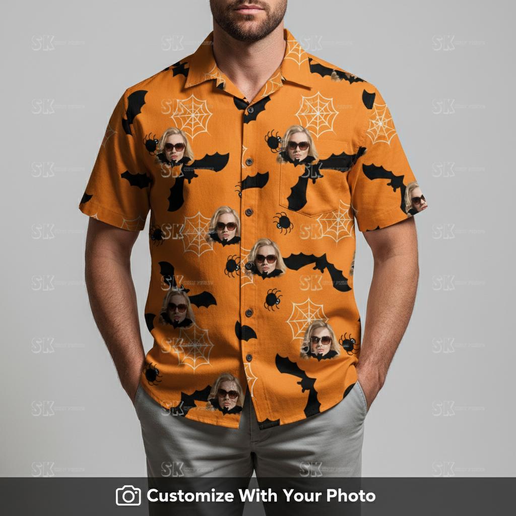Orange Black Halloween Hawaiian Shirt - Custom Face Photo Aloha Print - hawaiian shirt orange