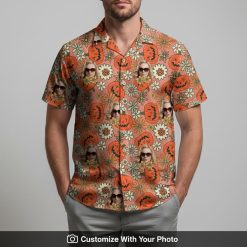 Man in orange Hawaiian shirt with pumpkin faces, floral patterns, and custom portraits