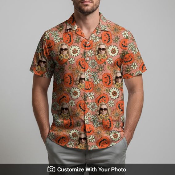 Man in orange Hawaiian shirt with pumpkin faces, floral patterns, and custom portraits