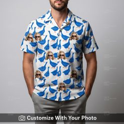 Man in Oregon Duck Hawaiian shirt with blue geese and custom face print on white