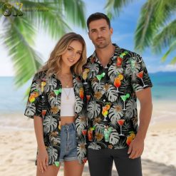 Male model wearing bartender-themed Hawaiian shirt in casual outdoor party atmosphere