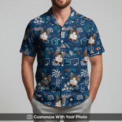 Man wearing personalized cat face Hawaiian shirt with blue and orange beach theme