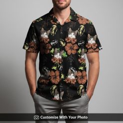Man wearing personalized cat Hawaiian shirt with orange and black cat face design