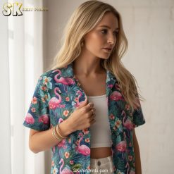 Men's pink flamingo Hawaiian shirt sizing specifications and measurements