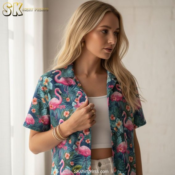 Men's pink flamingo Hawaiian shirt sizing specifications and measurements