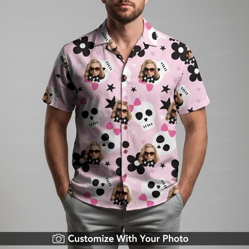 Pink Hawaiian Shirt Womens — Halloween Skulls & Flowers Custom Face Design - halloween hawaiian shirt