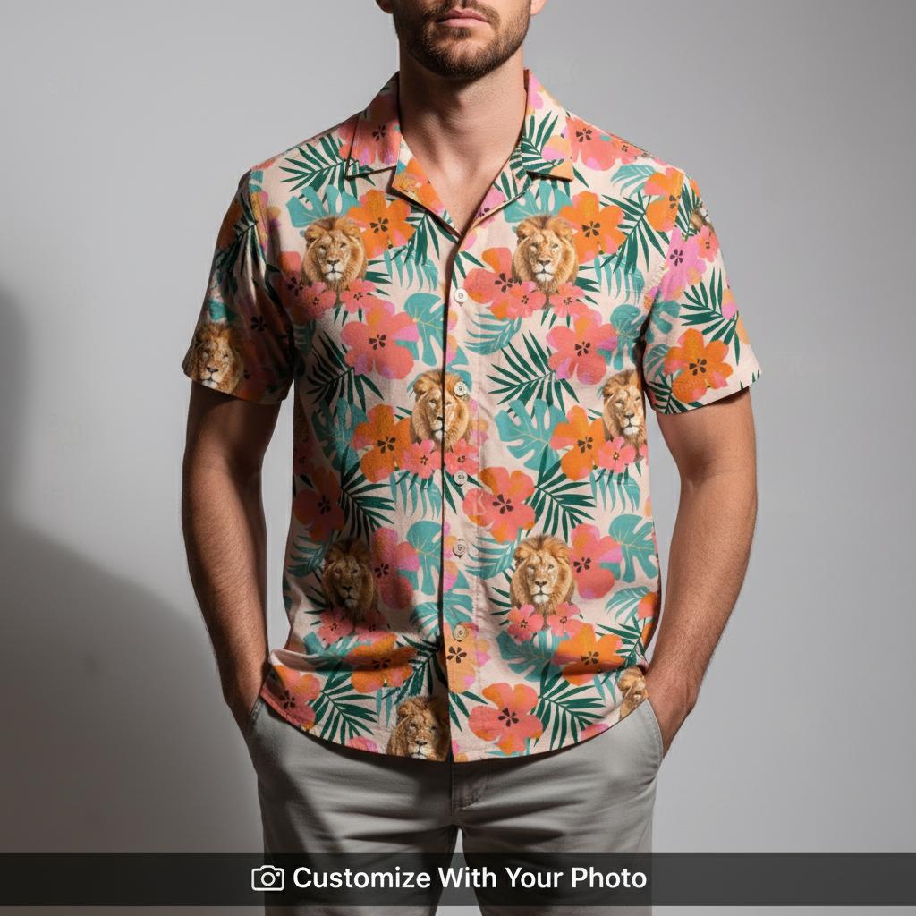 Man in pink Hawaiian shirt featuring lion print and green leaf tropical accents