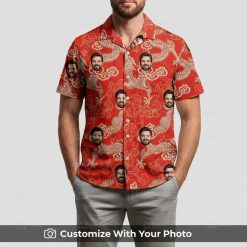 Man wearing red Hawaiian shirt with dragon motif and repeating personalized face design