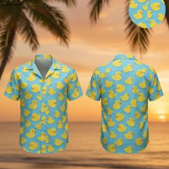 Blue rubber ducky Hawaiian shirt for men with tropical print and button down design