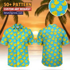 Man wearing blue rubber ducky Hawaiian shirt in casual lifestyle setting