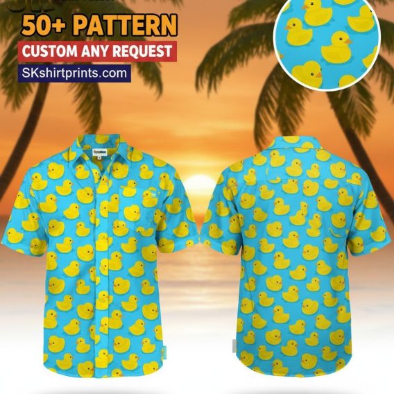 Man wearing blue rubber ducky Hawaiian shirt in casual lifestyle setting