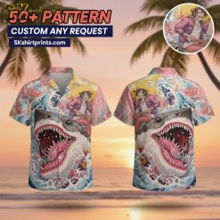 Male model wearing shark print Hawaiian shirt in casual beach lifestyle setting