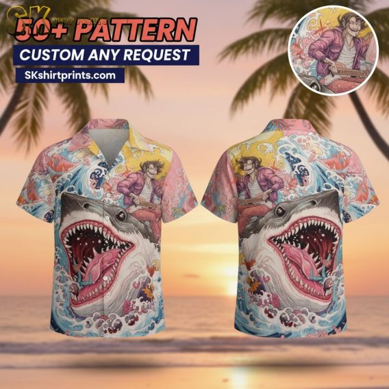 Male model wearing shark print Hawaiian shirt in casual beach lifestyle setting