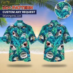 Male model wearing shark print aloha shirt in casual lifestyle setting